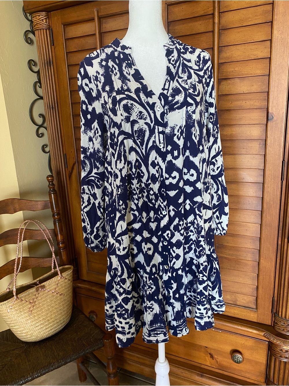 Zara Bohemian Navy & White Printed V-Neck Long Sleeve Womens Dress M